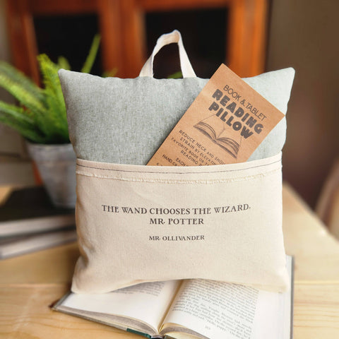 The Wand Chooses the Wizard, Reading Pillow, green linen