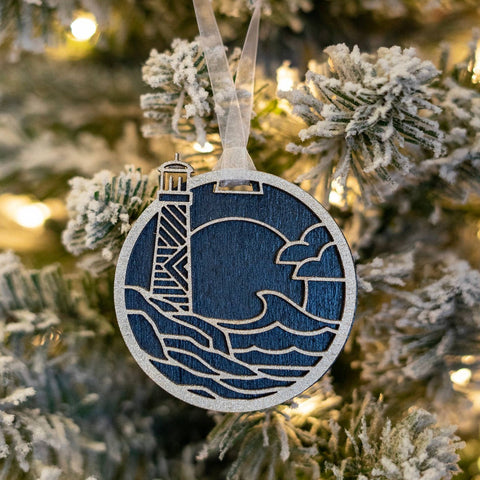 Wood Lighthouse Silver and Midnight Blue Ornament