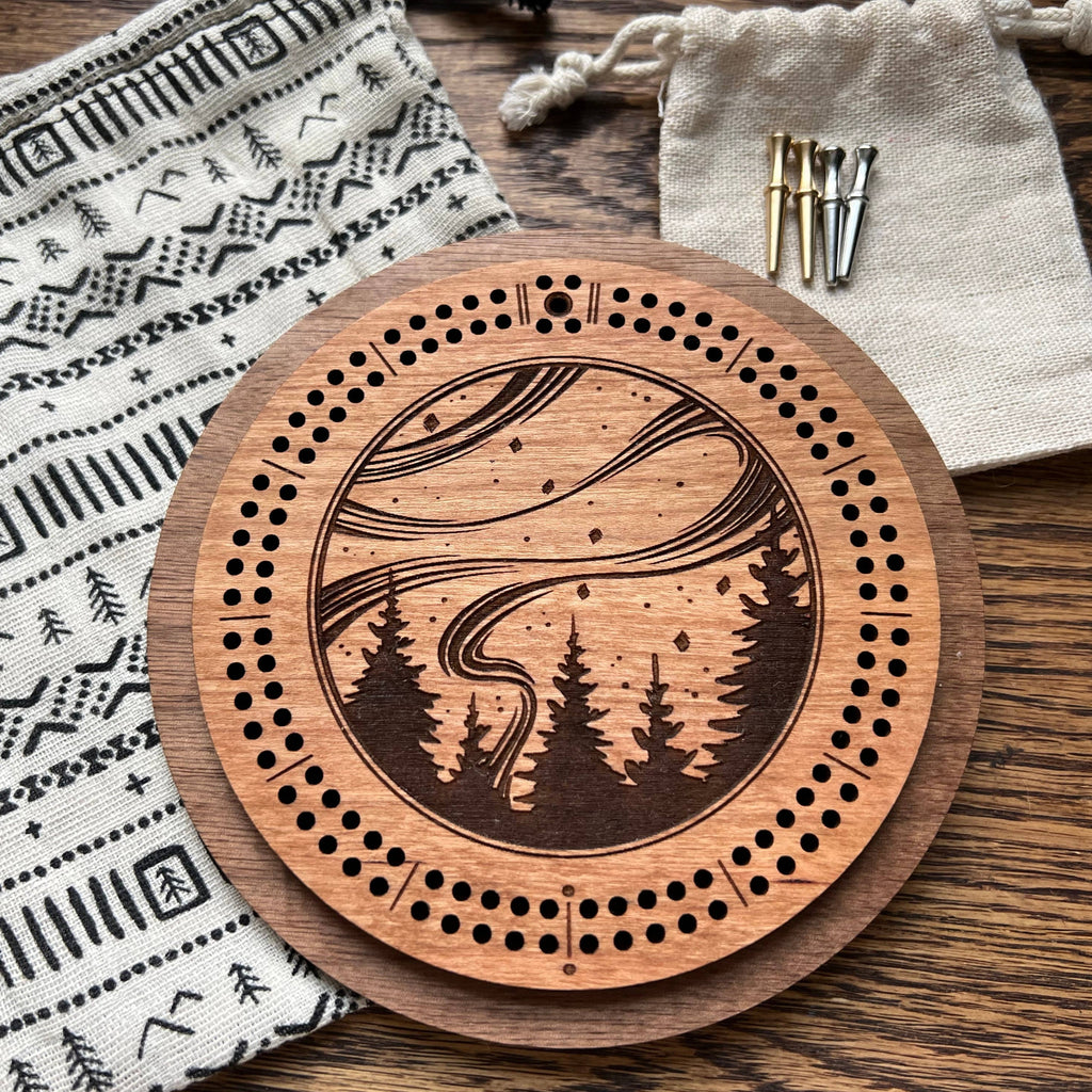 North Country Craft - Northern Lights Cribbage Board with Drawstring Bag