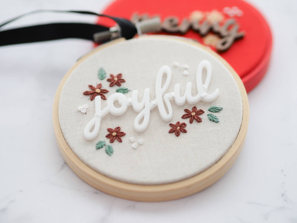 3D text and Embroidered Christmas Ornaments: Joyful